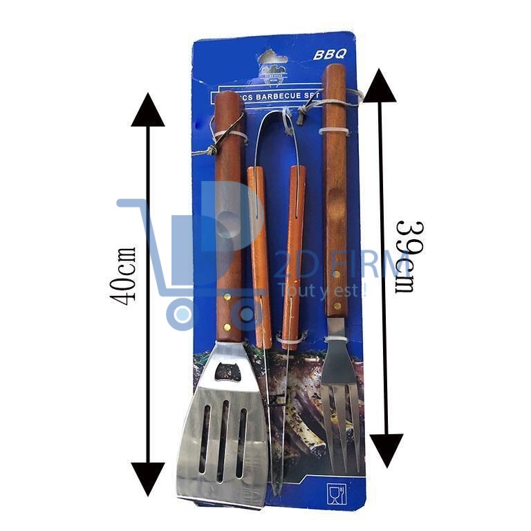 Ensemble d'outils pour barbecue manche en bois (3 pièces)